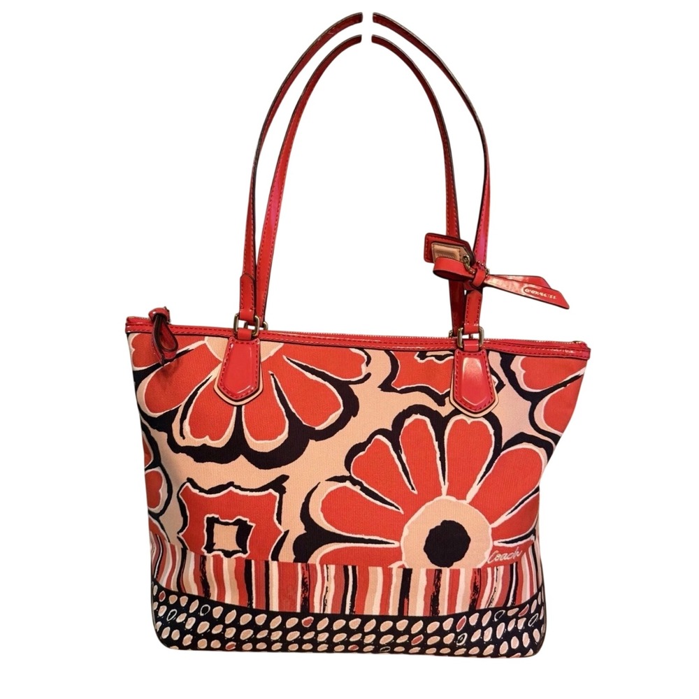 Coach Poppy Floral Graffiti Tote Bag Red Pink Canvas Patent Leather 25125